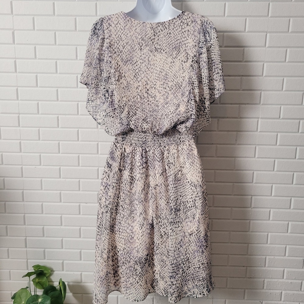 DKNY Flutter Sleeve Dress 8 Navy Pink Snakeskin Print Smocked Waist NWT - Picture 2 of 16